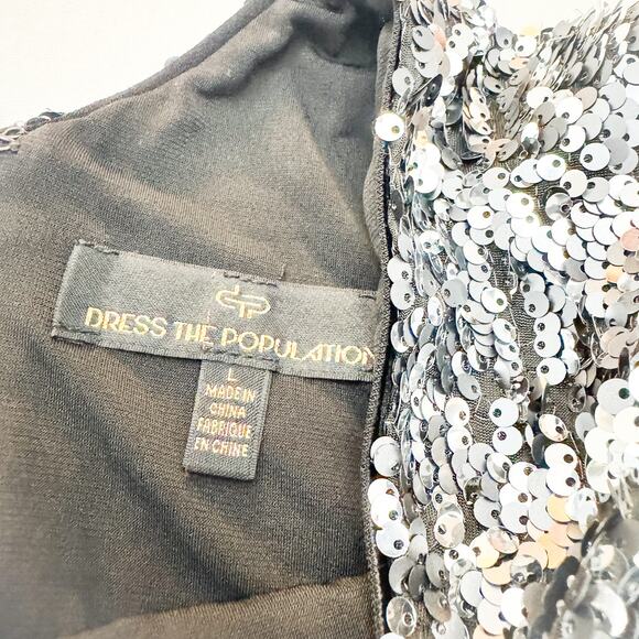 Dress The Population Natalie Sequin Side Slit Long Sleeve Dress Silver Size L - Picture 3 of 8
